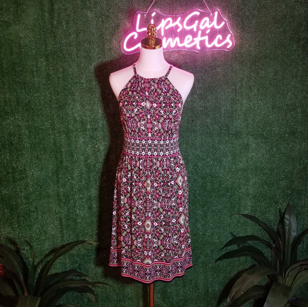 London Times Floral Dress with Pink and Green Accents